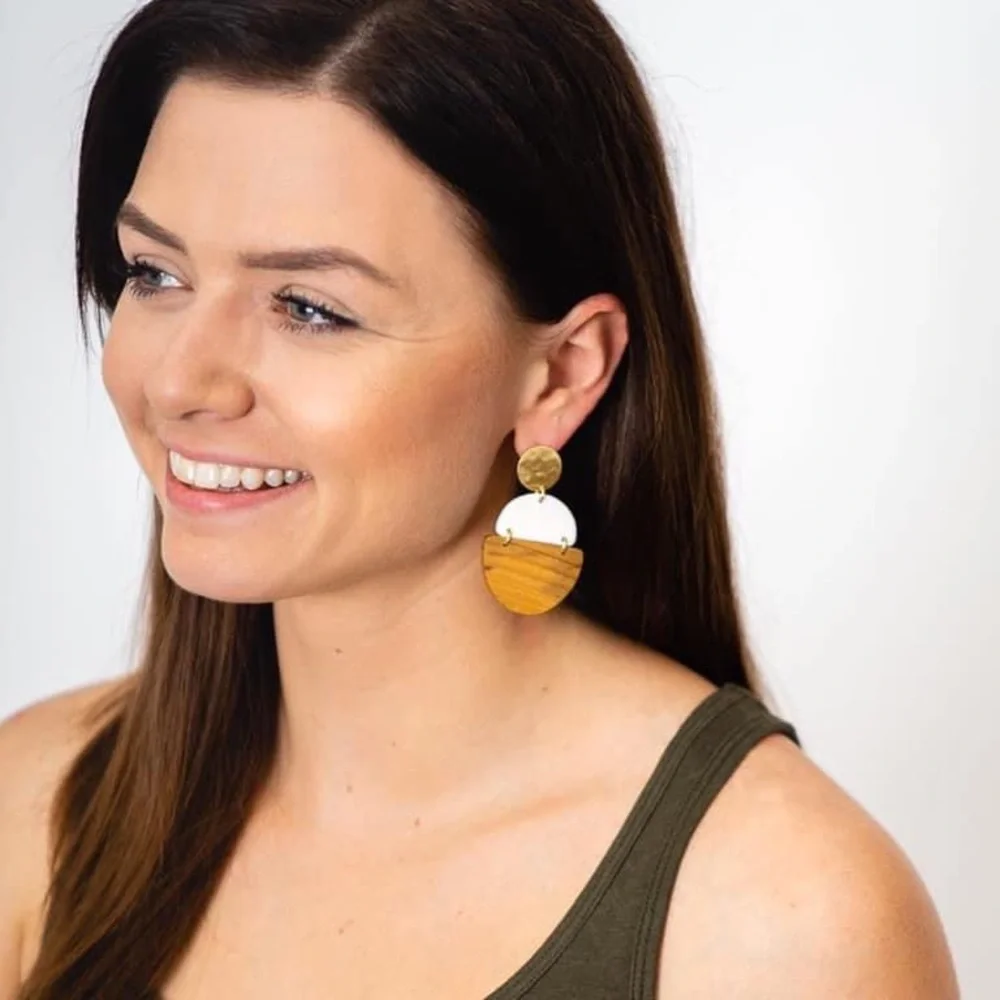 NWT Trades of Hope Wood, White Resin & Brass Earrings